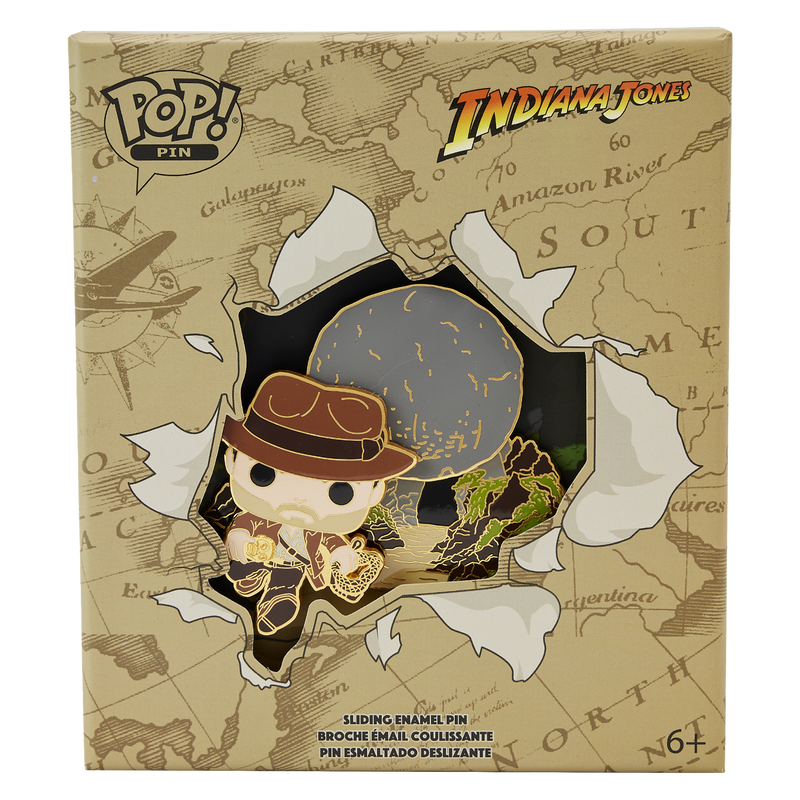 Image of the Indiana Jones Raiders of the Lost Ark Sliding Pin, featuring Indiana Jones in Pop! style art running away from the boulder after he steals the idol